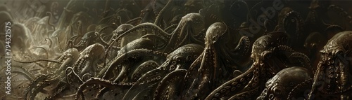 A school of giant squids, encased in metallic armor, shoots toxic ink from their elongated tentacles photo