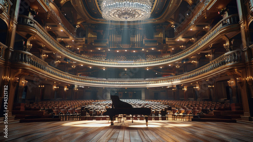 A grand piano is in the center of a large, empty concert hall