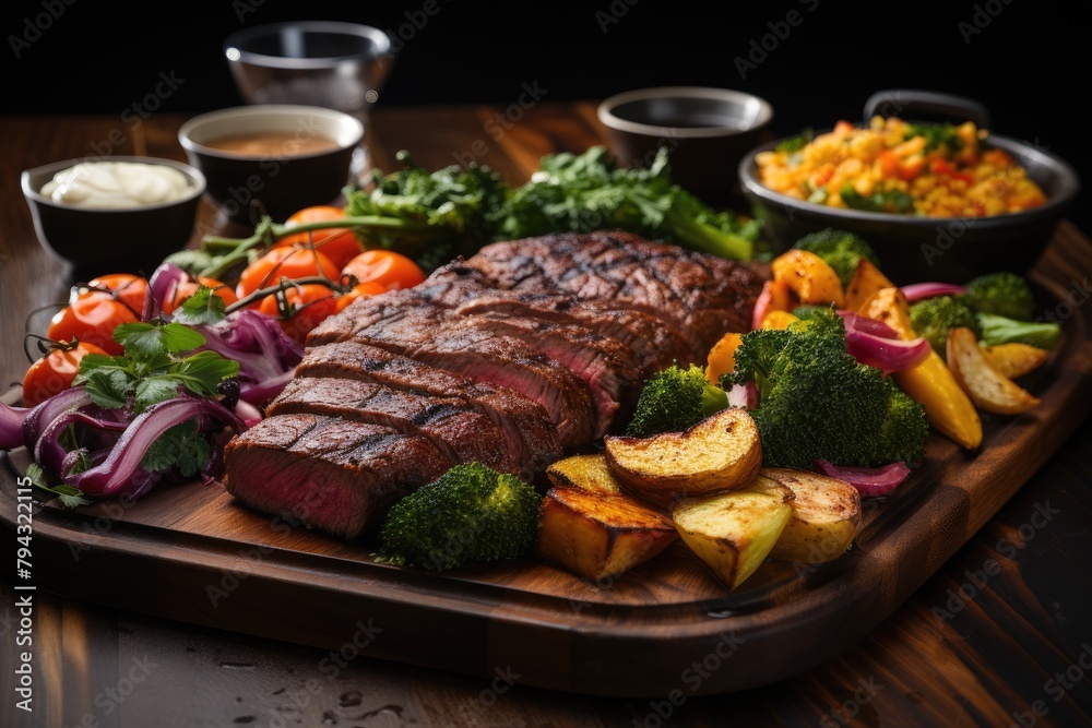 Grilled picanha and fresh vegetables on wooden board., generative IA Grilled picanha and fresh vegetables on wooden board., generative IA