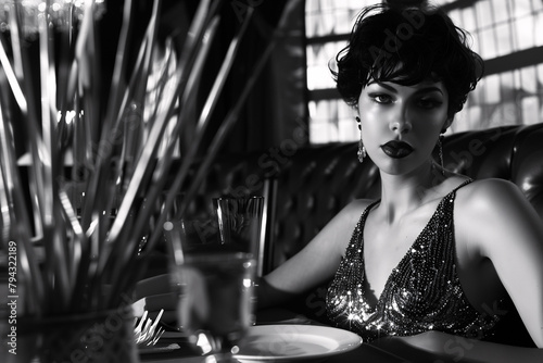 Elegant woman in sequined dress enjoying a quiet evening at a luxury restaurant photo