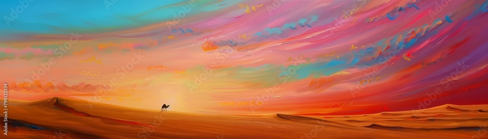 A sweeping desert vista in oil, vast and empty under a blazing sky, with just a lone camel silhouette on the horizon, the sand glowing orange and pink A sweeping desert vista in oil, vast and empty under a blazing sky, with just a lone camel silhouette on the horizon, the sand glowing orange and pink