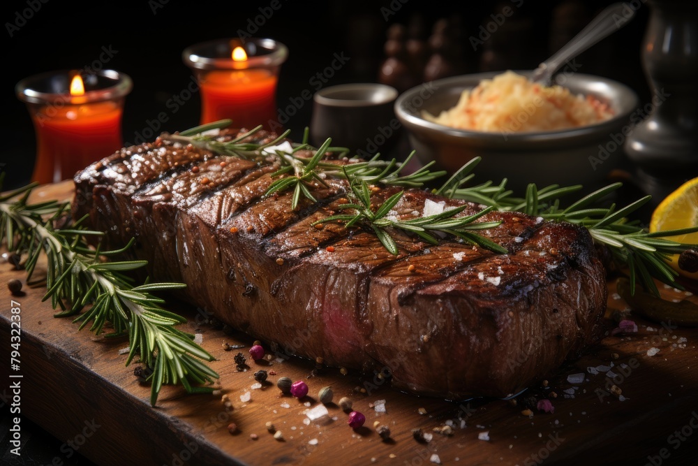 Meat board with grilled picanha and rosemary., generative IA Meat board with grilled picanha and rosemary., generative IA