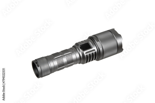 Modern metal LED flashlight in gray color. Portable flashlight isolate on a white back