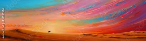 A sweeping desert vista in oil, vast and empty under a blazing sky, with just a lone camel silhouette on the horizon, the sand glowing orange and pink