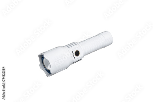 Modern metal LED flashlight in white color. Portable flashlight isolate on a white back
