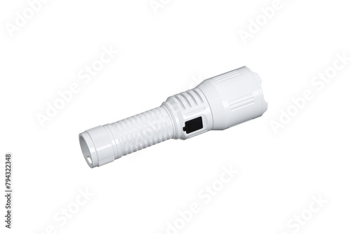 Modern metal LED flashlight in white color. Portable flashlight isolate on a white back