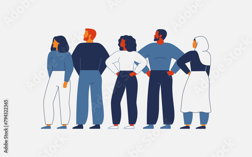 Diverse people stand together and looking in the same direction. Business team of men and women of different cultures and ethnicities. Gender equality and social unity. Flat Vector illustration