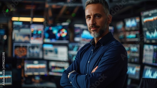 Confident man in business attire standing in high-tech monitoring room filled with screens displaying data and graphs, exuding professionalism and control. Copy space.