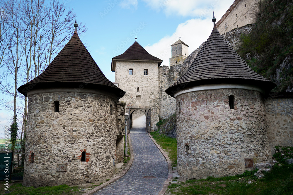 View of a Trencin castle entrance and clock tower