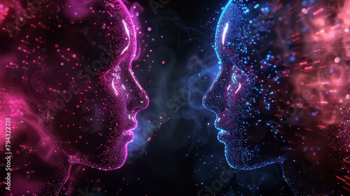 Vibrant digital artwork of two neon-lit faces representing artificial intelligence  technology  and human-like interaction in futuristic themes.