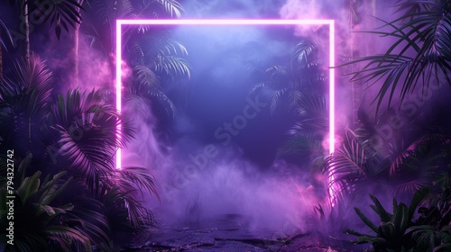 Mysterious neon-lit tropical jungle at night, framed by glowing pink rectangle, evoking magical nightlife, festive vibes. Copy space. photo