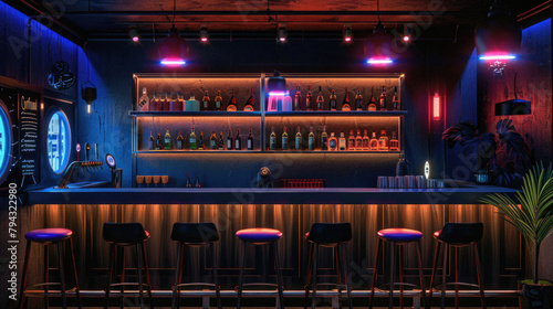 A neon bar with a green plant in the corner