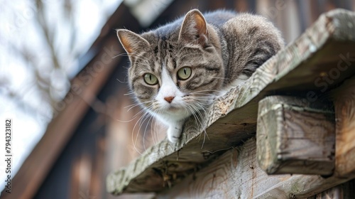 A gray tabby cat with white markings sitting on a wooden beam and looking down with perked ears © 2rogan