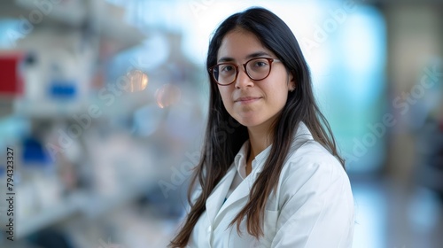 Female medical professional with glasses in laboratory. Confident healthcare worker portrait