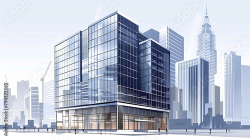 Stylized digital illustration of modern skyscrapers with glass facades in an urban setting.