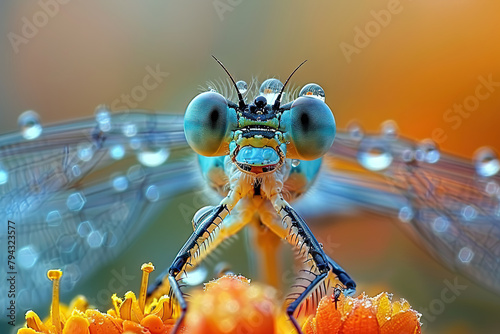 Polish Azure Damselfly (Coenagrion puella) Resting on a Blooming Flower, Illuminated by the Warmth of a Natural Sunrise © photobuay