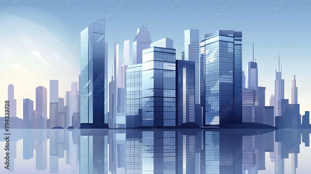 Illustrative vector city skyline with modern skyscrapers and reflective buildings