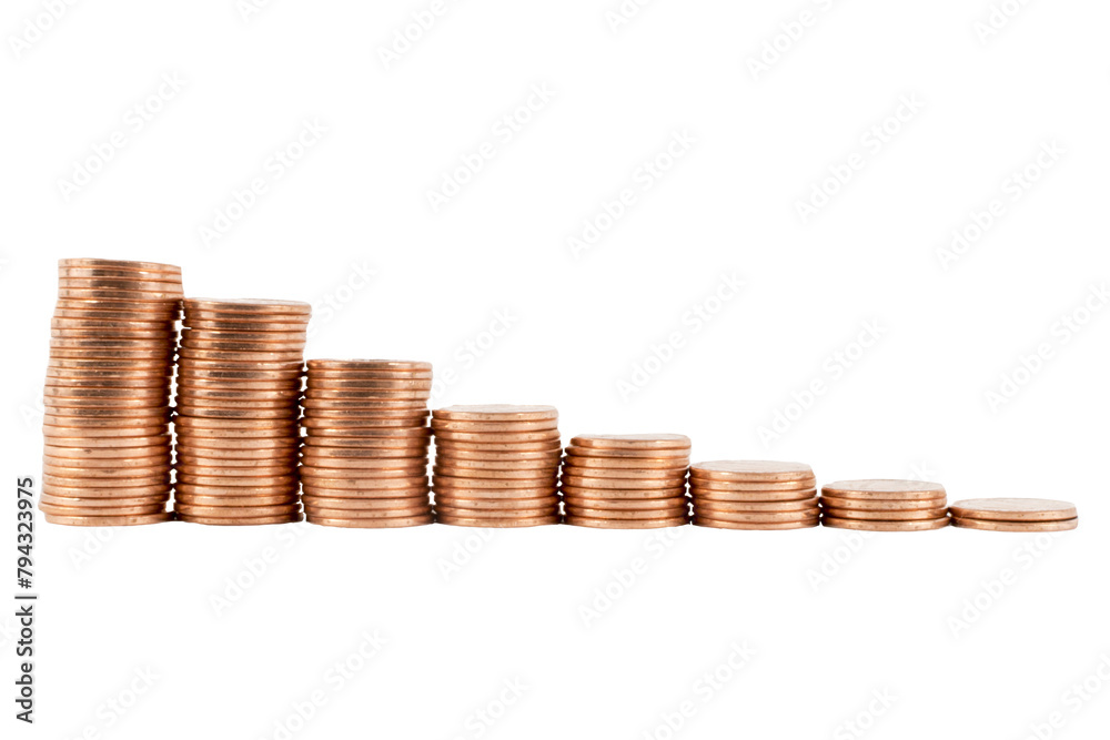 Isolated shot of a descending stack of coins with a transparent background. Isolated shot of a descending stack of coins with a transparent background.