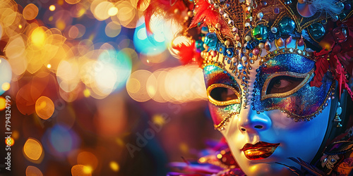 A woman wearing a blue mask with gold and blue beads © BetterPhoto
