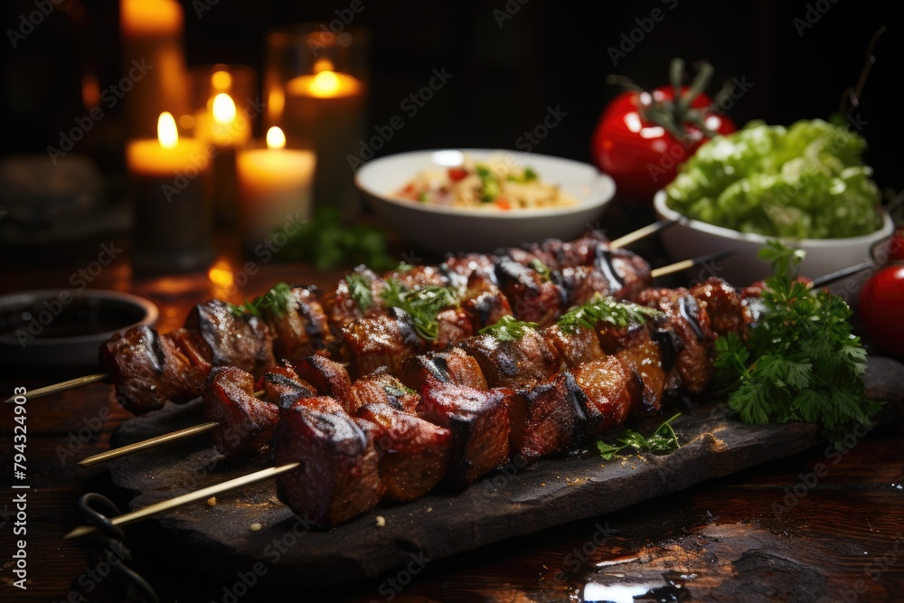 Chicken heart skewer served in a cozy atmosphere., generative IA