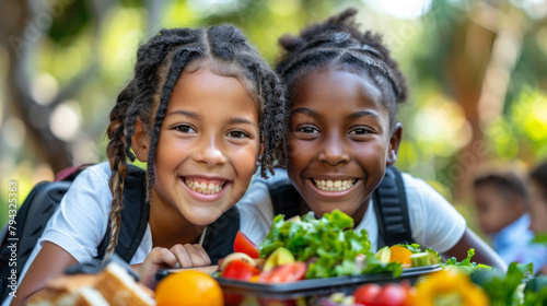 Two multiracial elementary school students joyfully sharing a healthy meal in lunchboxes. Generative ai © Iuliia Metkalova