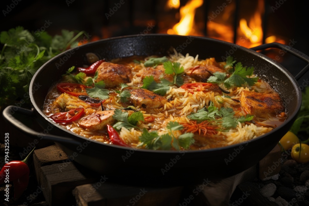 Bubbling fish moqueca in clay pan., generative IA