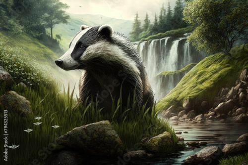 Badger in the forest with a waterfall behind