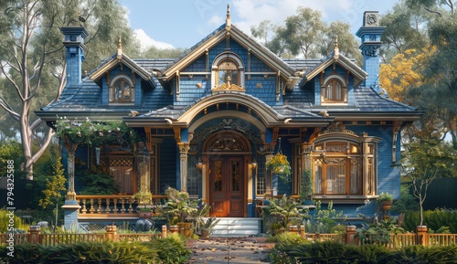  A stunning Victorian-style house with blue wood walls, ornate details, and large windows showcasing the interior's opulent design. Created with Ai photo