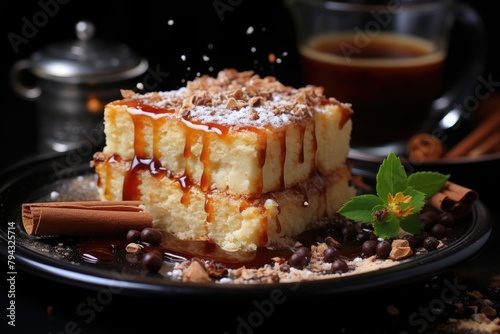 Piece of Canjica with condensed milk and cinnamon.  generative IA