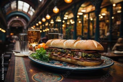 Fototapeta Naklejka Na Ścianę i Meble -  Mortadella sandwich in the municipal market of SP., generative IA