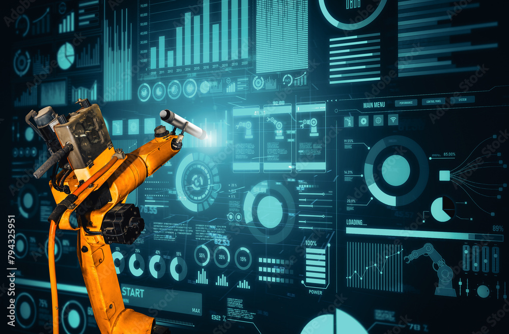 MLB Robot arm AI analyzing mathematics for mechanized industry problem solving. Concept of robotics technology and machine learning for automated manufacturing process.