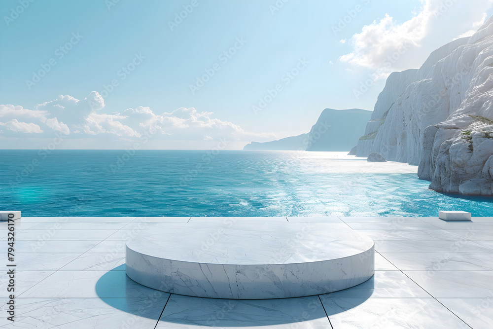 A high-quality photo of a white marble podium with a beautiful sea view in the background, suitable for events, presentations, and ceremonies. A high-quality photo of a white marble podium with a beautiful sea view in the background, suitable for events, presentations, and ceremonies.