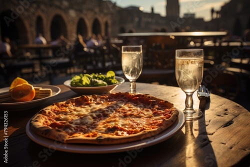 Table with supplì, pizza and view of the Colosseum., generative IA photo