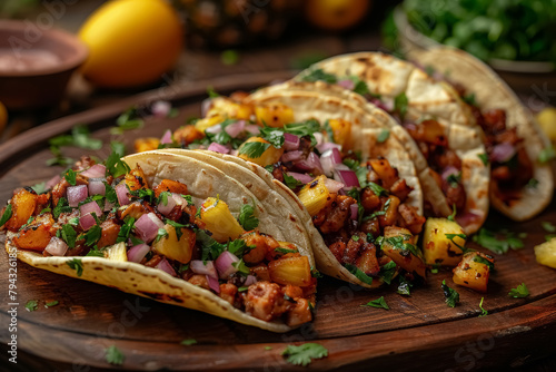 delicious street food tacos filled with grilled chicken, fresh vegetables and herbs on a wooden platter