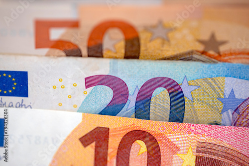 Detail of three banknotes, 10, 20 and 50 euros, for backgrounds, textures and concepts of European and world economy