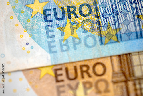 Detail of euro banknotes with the word "euro" printed, ideal for backgrounds, textures and concepts of European and world economy