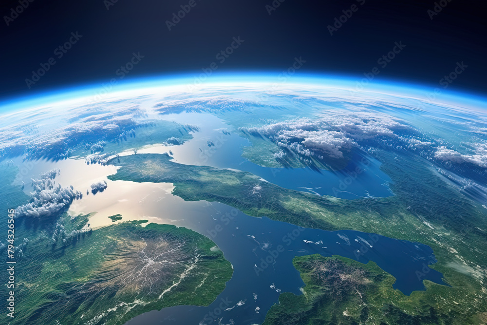 Earth horizon view from space. Satellite or plane view of the planet from stratosphere. Earth horizon view from space. Satellite or plane view of the planet from stratosphere.