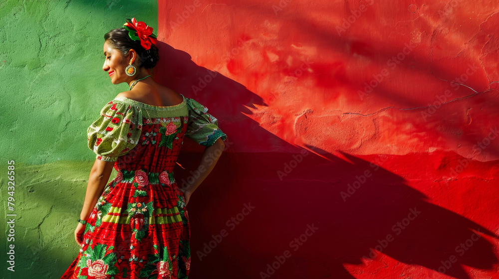Colorful Mexican Woman in Traditional Dress and Accessories Against Red Green White Wall. Cinco de Mayo festive holiday concept. Generative ai