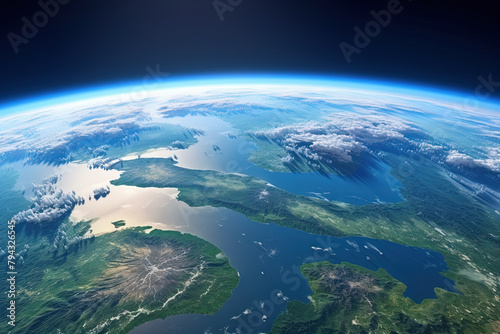 Earth horizon view from space. Satellite or plane view of the planet from stratosphere.