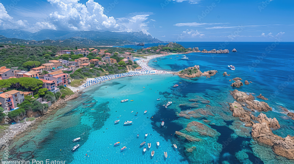 An aerial view of the beach in Sardinia, Italy with clear turquoise waters and boats moored on it, surrounded by lush greenery and colorful buildings along its coastline. Created with Ai