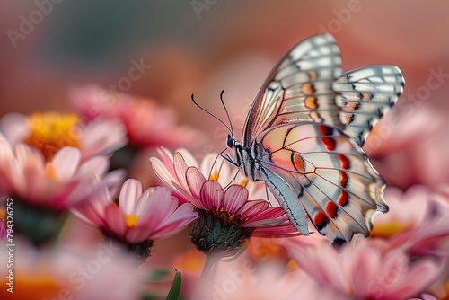 Rice Paper Butterfly (Idea leucone) Sipping Nectar from Pink Daisies in Westford, Massachusetts photo