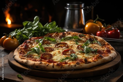 Fresh margherita pizza coming out of the wood oven., generative IA