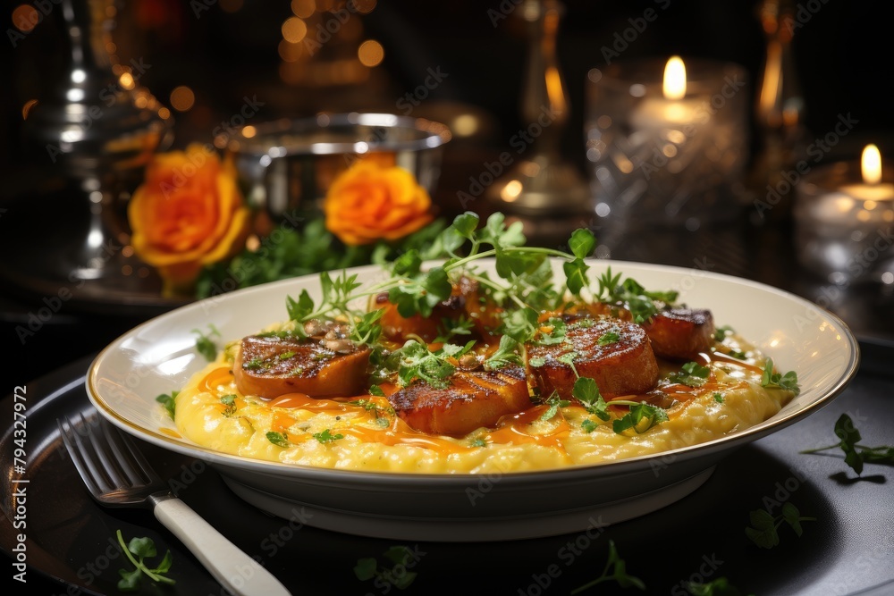 Ossobuco dish and turmeric risotto in elegant culinary scene., generative IA