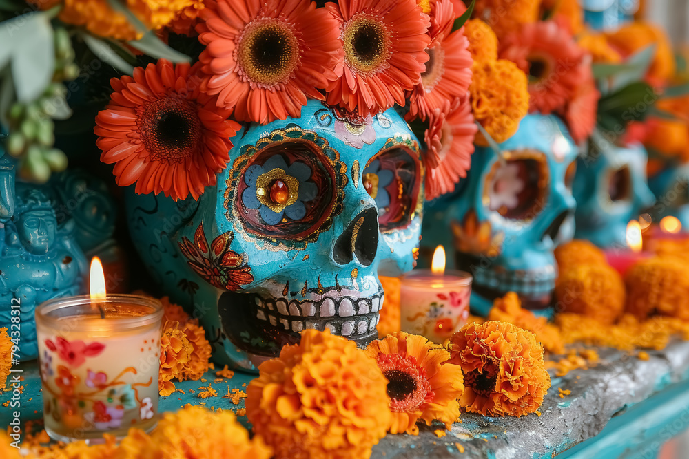 traditional mexican day of the dead altar with sugar skulls and marigolds traditional mexican day of the dead altar with sugar skulls and marigolds