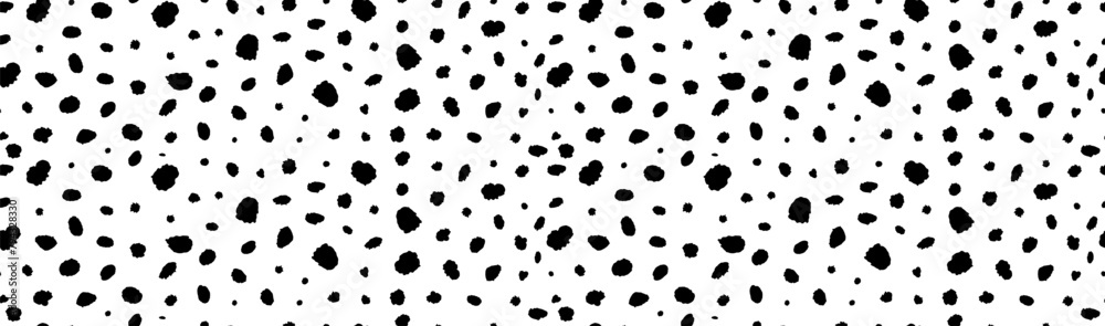 Fototapeta premium Seamless dalmatian animal horizontal pattern. Vector illustration with random ink black spots on white background. Spotted fur animal texture of dog, leopard, cow. Hipster polka dot print