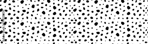 Seamless dalmatian animal horizontal pattern. Vector illustration with random ink black spots on white background. Spotted fur animal texture of dog, leopard, cow. Hipster polka dot print