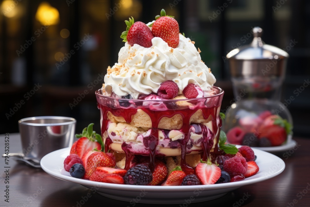 Strawberry sundae with red fruits in crystal bowl., generative IA Strawberry sundae with red fruits in crystal bowl., generative IA