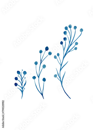 Branches in abstract style. Isolated simple design element. Branches in blue watercolor