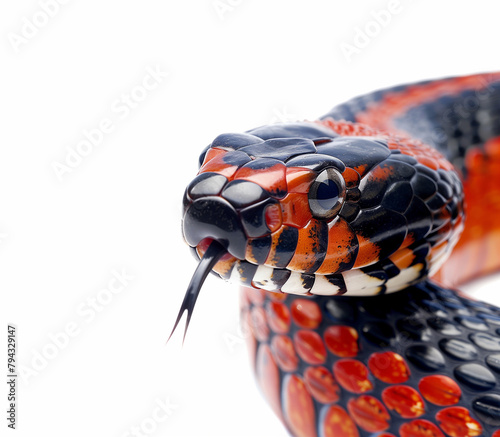 Venomous Eastern coral snake - Micrurus fulvius - close up macro of head, eyes, tongue. Side view of whole snake with great scale detail isolated on white background, copy space photo