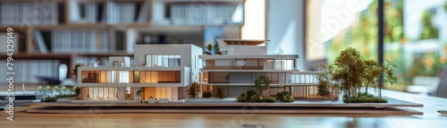 An intricate architecture building design of residential properties, including apartment housing concepts, showcased on a table in a business office